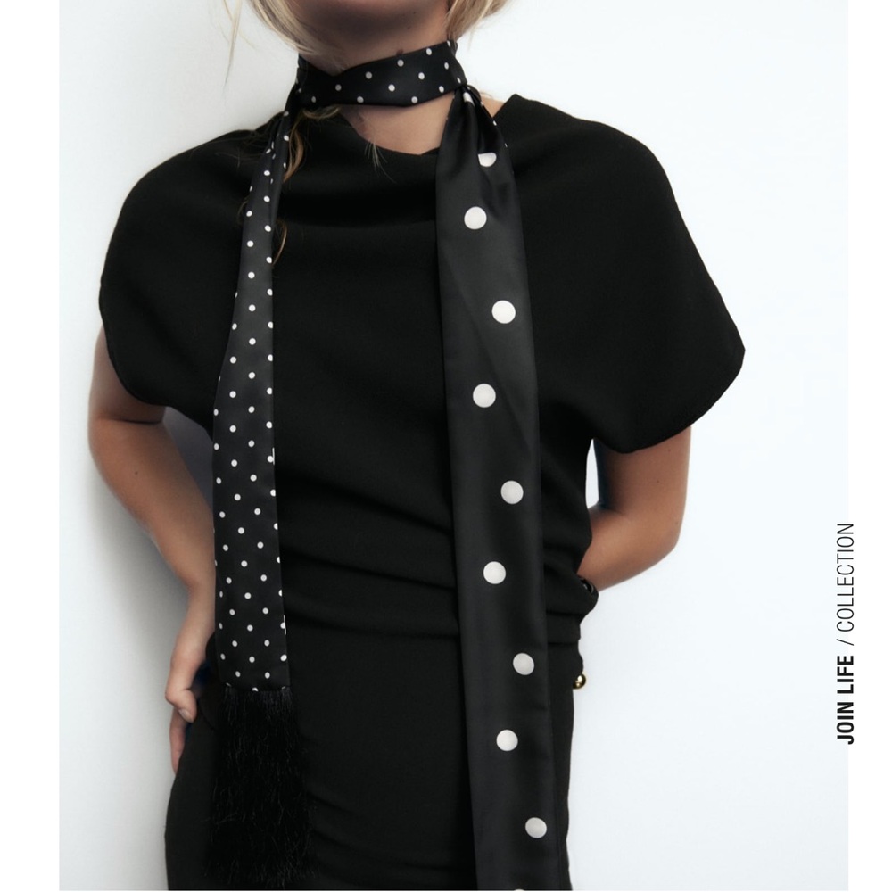 ZARA Fringed Printed Polka Dot Skinny Scarf